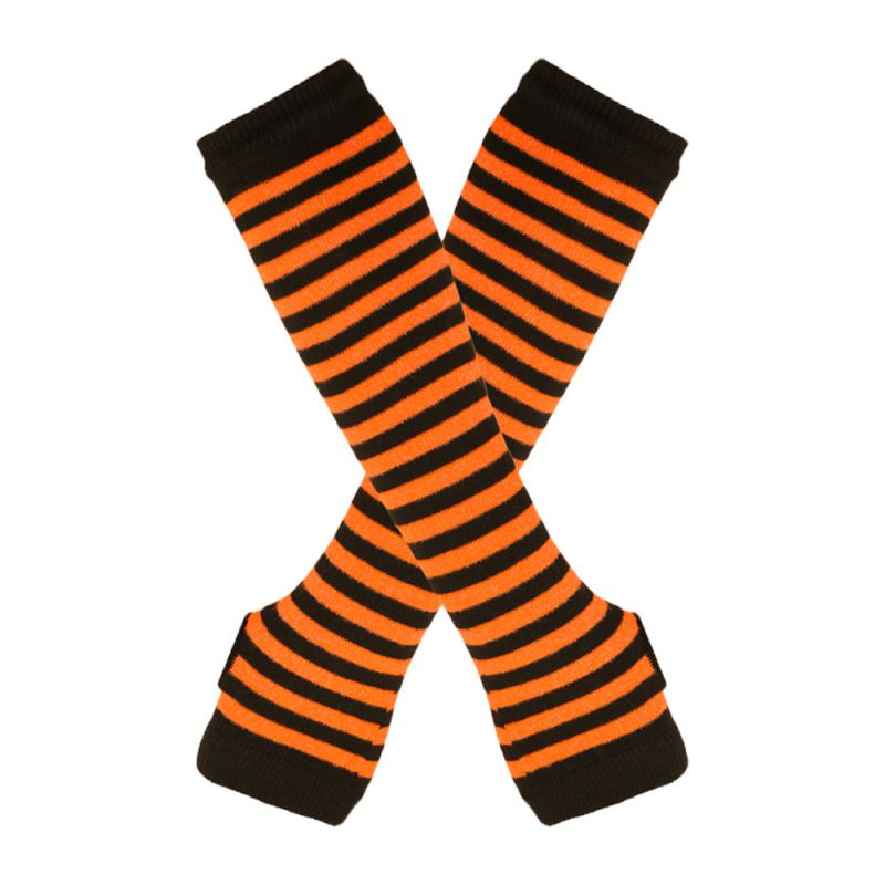 Fashion Orange Black/thin Strip 12 Polyester Striped Knit Long Fingerless Gloves