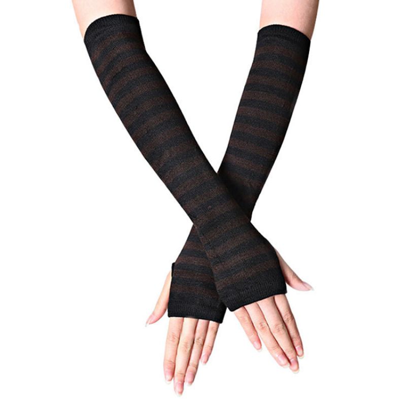 Fashion Coffee + Black Stripes 14 Polyester Striped Knit Long Fingerless Gloves