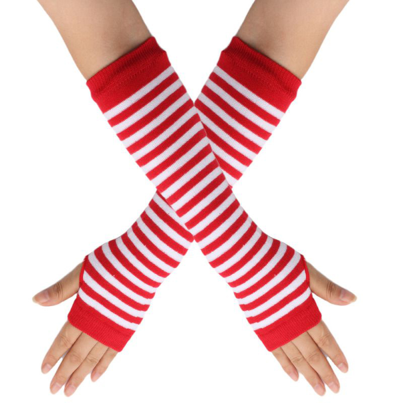 Fashion Red And White/thin Strips 18 Polyester Striped Knit Long Fingerless Gloves