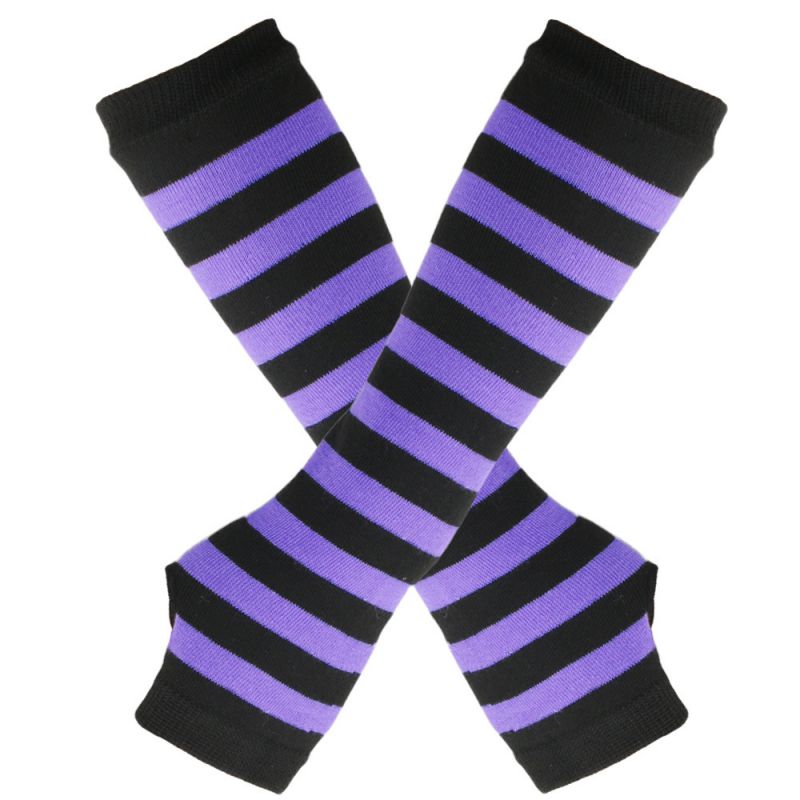 Fashion Light Purple+black/wide Strip 27 Polyester Striped Knit Long Fingerless Gloves