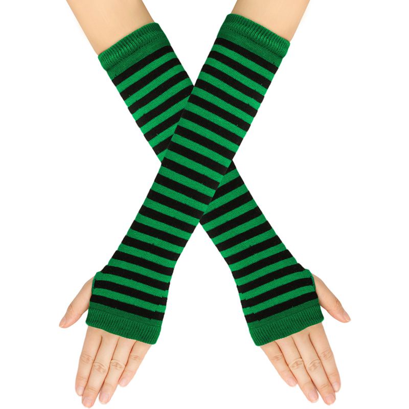 Fashion Green+black/thin Strips 30 Polyester Striped Knit Long Fingerless Gloves
