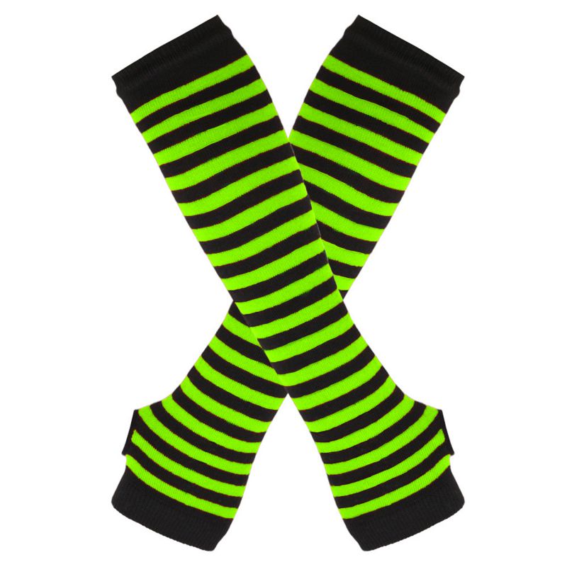 Fashion Fluorescent Green+black/thin Strip 33 Polyester Striped Knit Long Fingerless Gloves