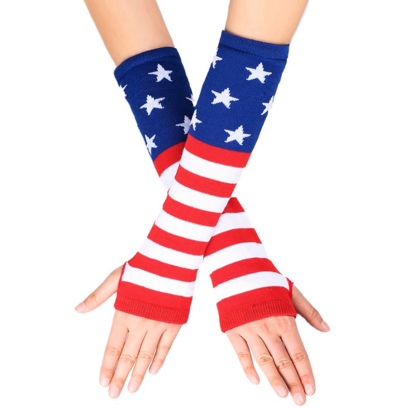 Fashion Stars And Stripes/gloves Polyester Printed Knitted Long Fingerless Gloves