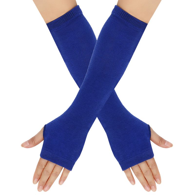 Fashion 37# Royal Blue Polyester Printed Knitted Long Fingerless Gloves
