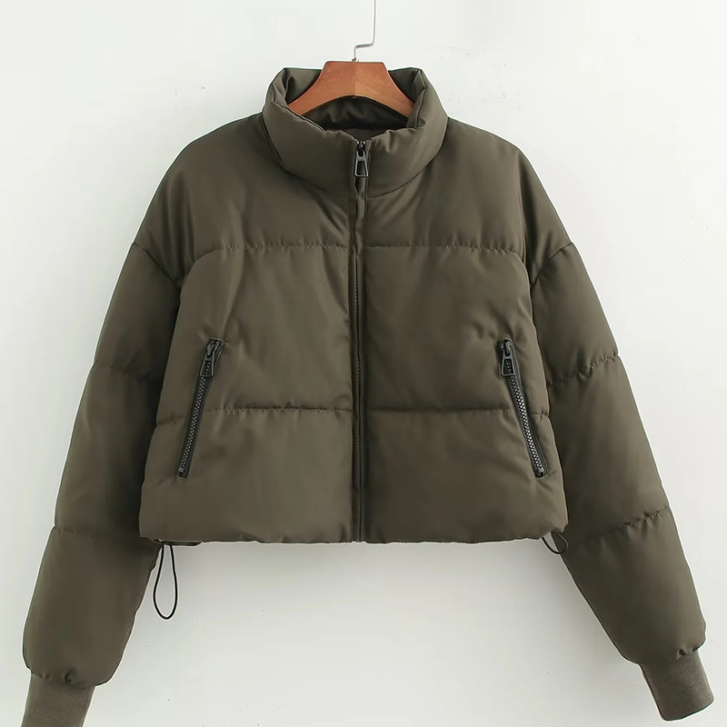 Fashion Army Green Polyester Stand Collar Zipper Short Jacket