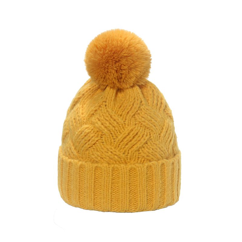 Fashion Yellow Acrylic Knitted Wool Ball Beanie