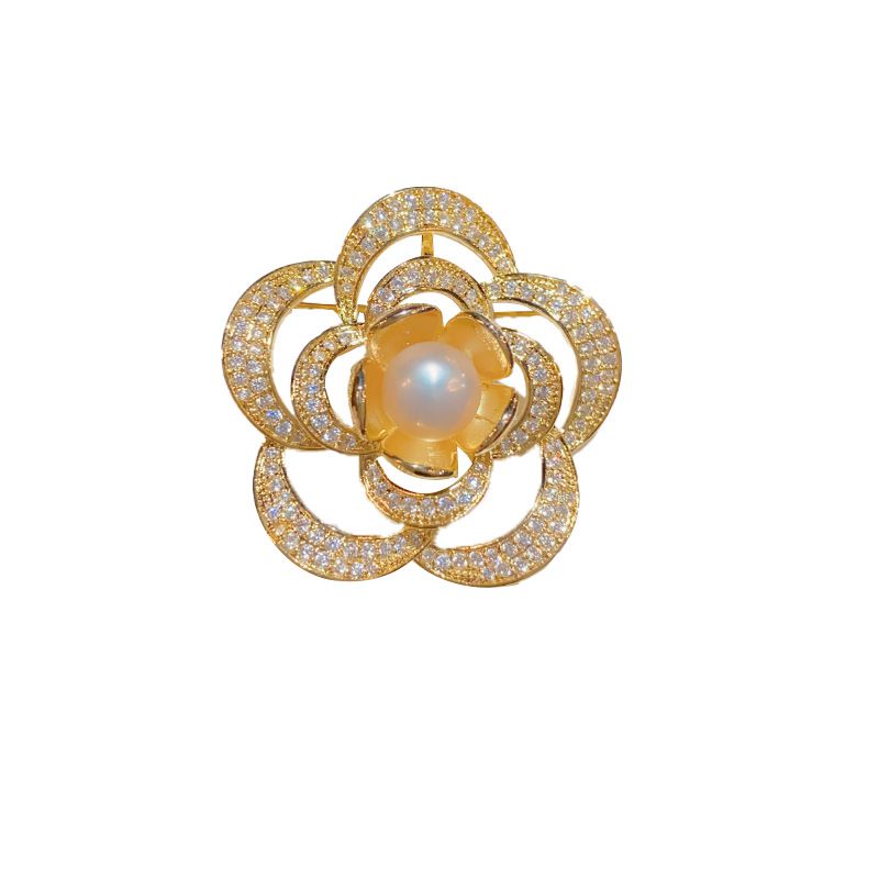 Fashion Micro-inlaid Freshwater Pearl Brooch (thick Real Gold Plating) Copper Diamond Flower Brooch