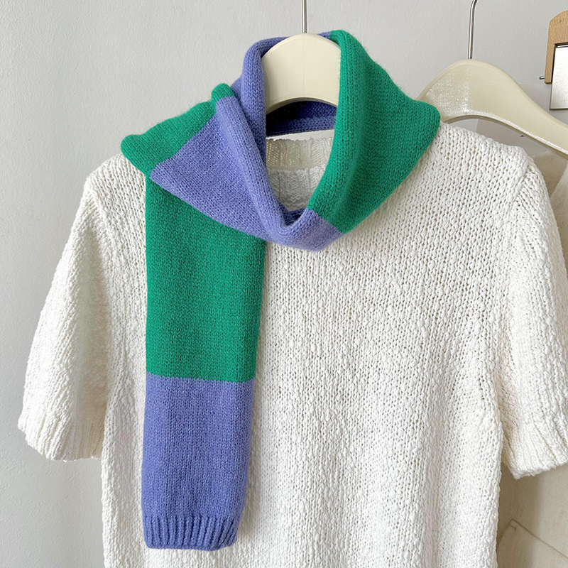 Fashion Purple Green Polyester Knitted Color Block Scarf