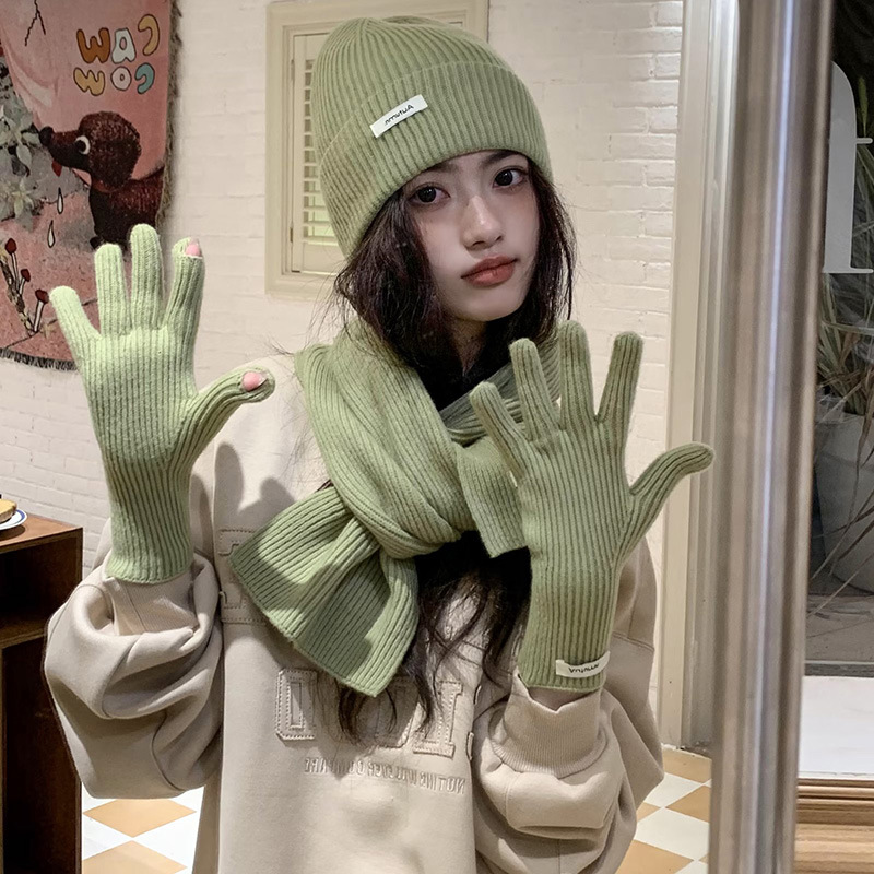 Fashion Mint Green (scarf+hat+gloves) Polyester Knitted Patch Wool Hat Five-finger Gloves Scarf Three-piece Set