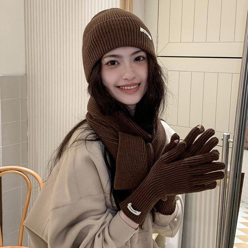 Fashion Coffee (scarf+hat+gloves) Polyester Knitted Patch Wool Hat Five-finger Gloves Scarf Three-piece Set