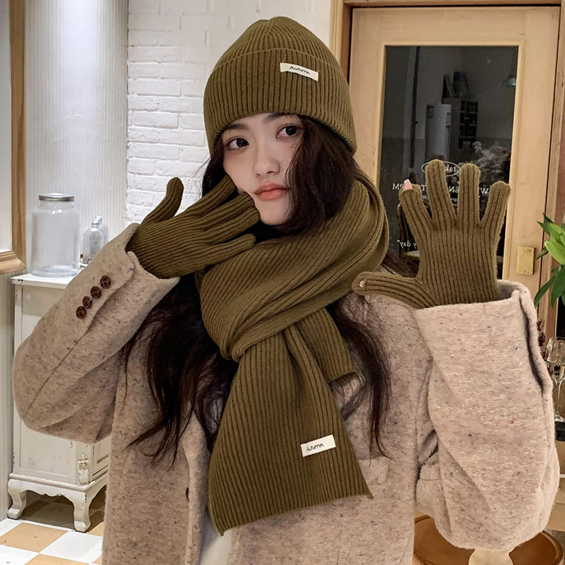 Fashion Moss Green (scarf+hat+gloves) Polyester Knitted Patch Wool Hat Five-finger Gloves Scarf Three-piece Set