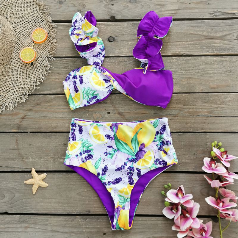 Fashion Lemon Print Polyester Lace Knotted Suspender Print High-waisted Tankini Swimsuit