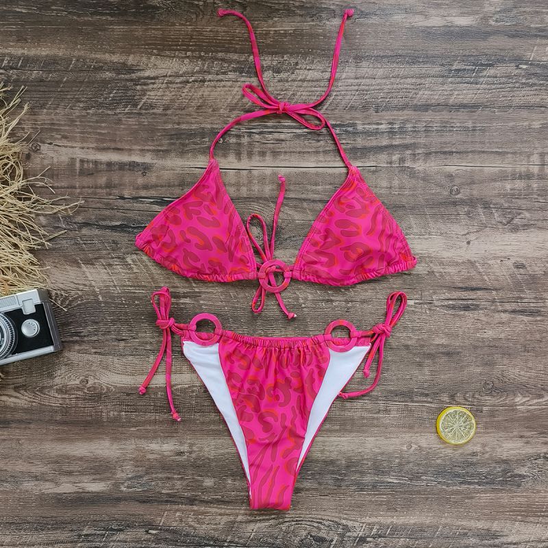 Fashion Pink Leopard Print + Pink Ring Polyester Halterneck Lace-up Printed Swimsuit