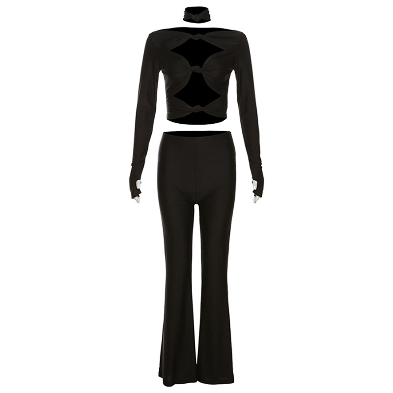 Fashion Black Hollow Long Sleeve T-shirt High Hip Flared Trousers Suit