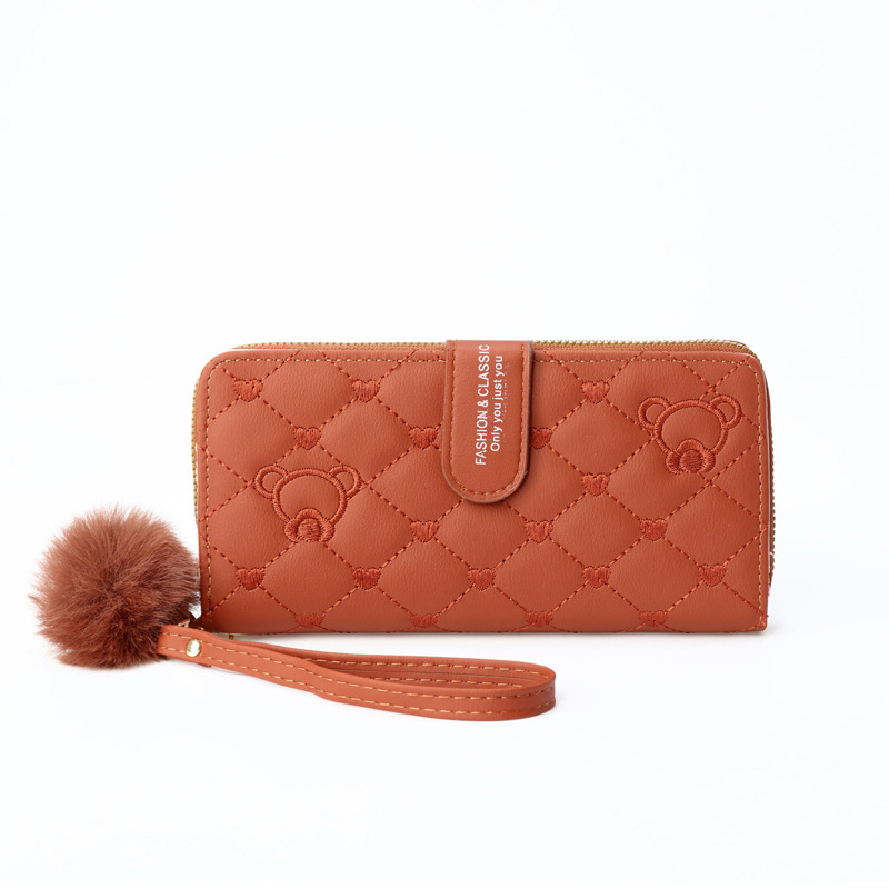 Fashion Brown Pu Embroidery Thread Love Embroidery Large Capacity Wallet
