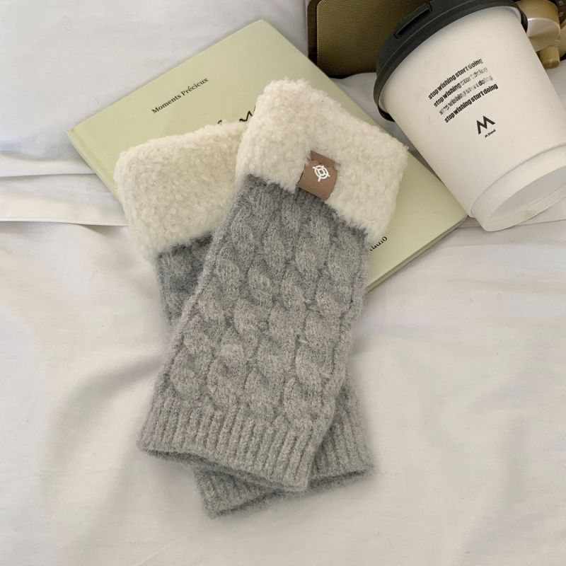 Fashion Gray Twist Pattern Target-f92 Gloves Polyester Plush Patchwork Knitted Half-finger Gloves