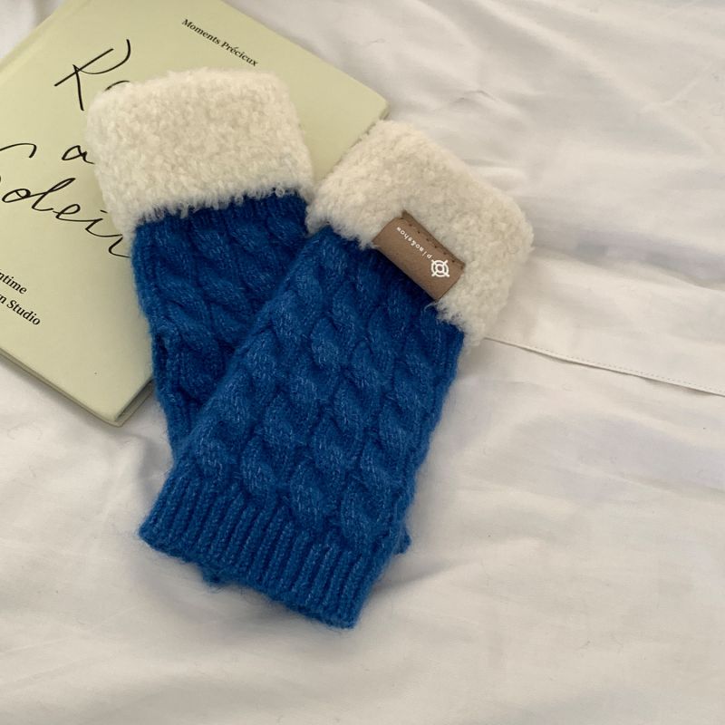 Fashion Blue Twist Pattern Target-f92 Gloves Polyester Plush Patchwork Knitted Half-finger Gloves