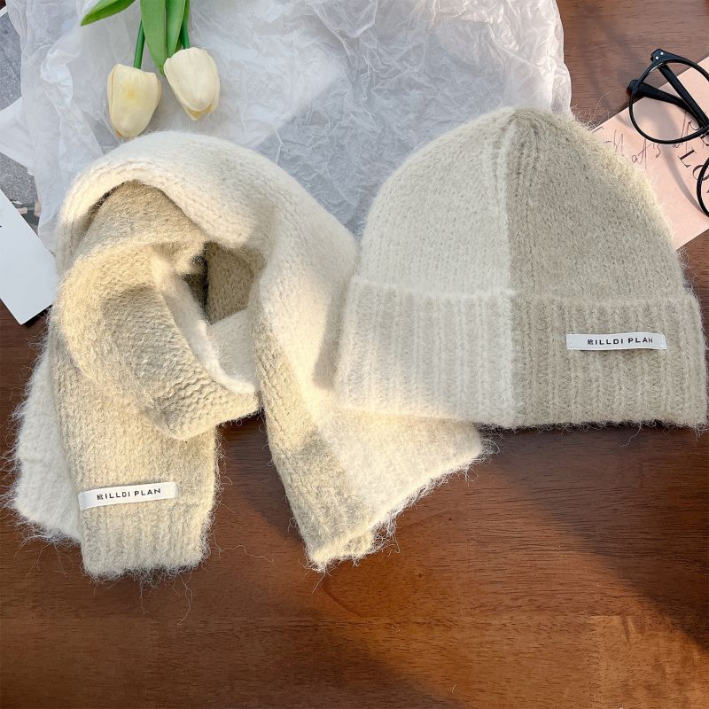 Fashion Beige Color Matching-f96 Hat And Scarf Set Polyester Contrast Patch Scarf And Beanie Set