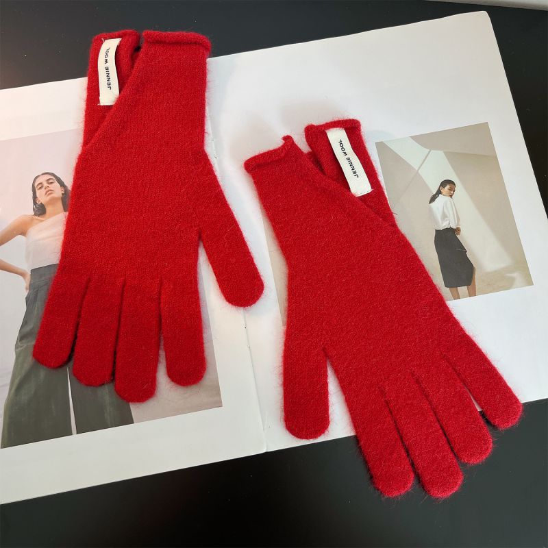 Fashion Red Slit-f99 Gloves Knitted Patch Five-finger Gloves