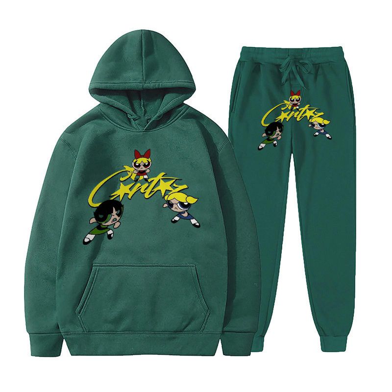 Fashion Dark Green Suit 3 Polyester Printed Hooded Sweatshirt + Tie-up Trousers