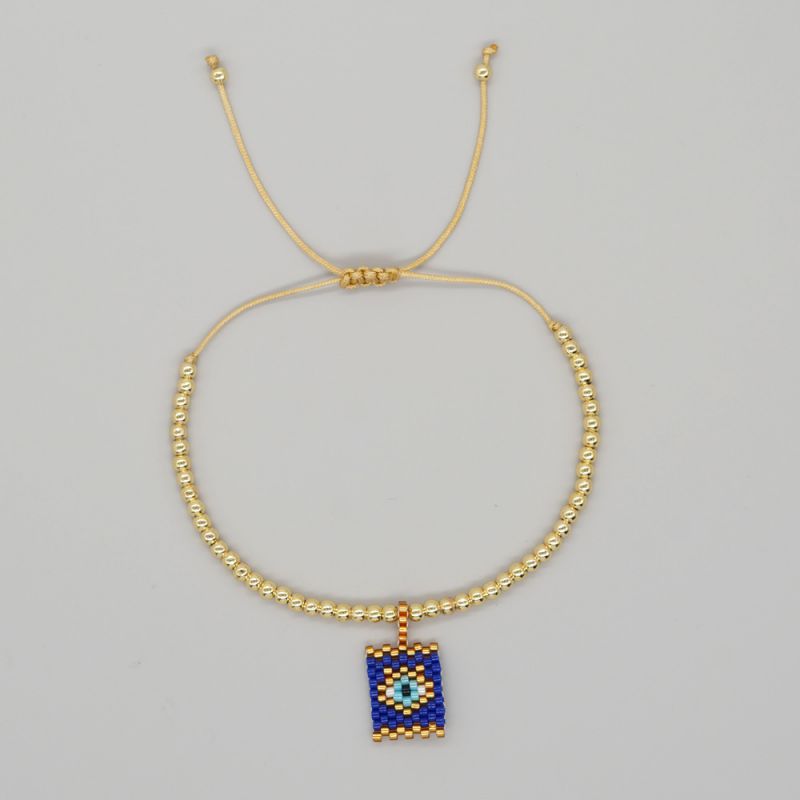 Fashion Navy Blue Gold Beaded Rice Bead Braided Geometric Eyes Bracelet