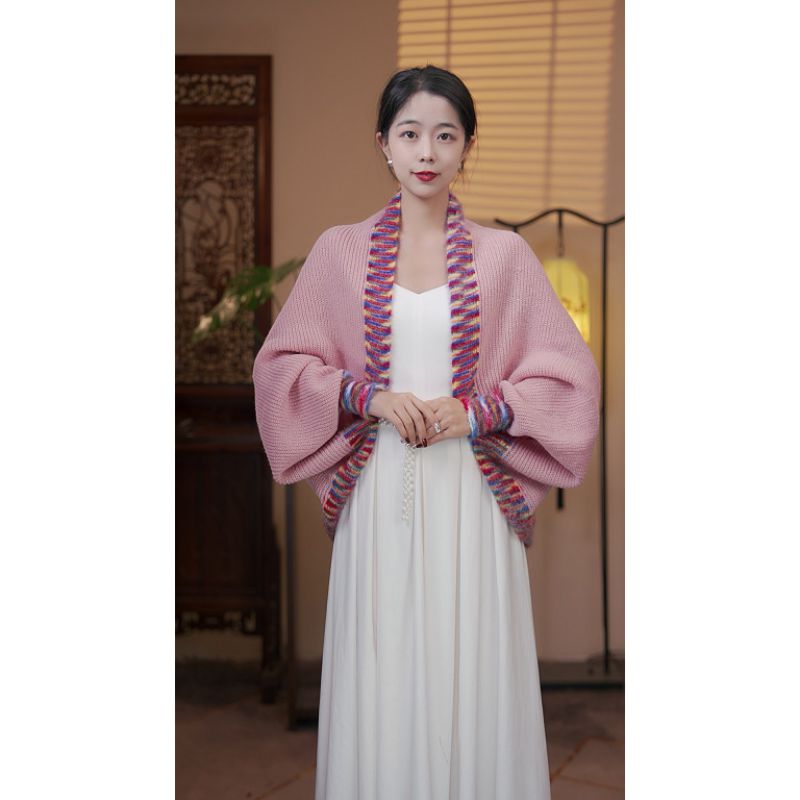 Fashion Pink Color Block Knitted Shawl Jacket
