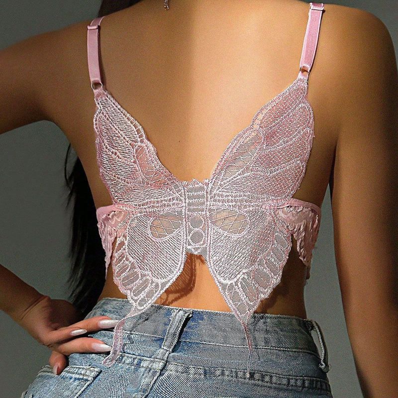 Fashion Pink Lace Butterfly Strap Bra