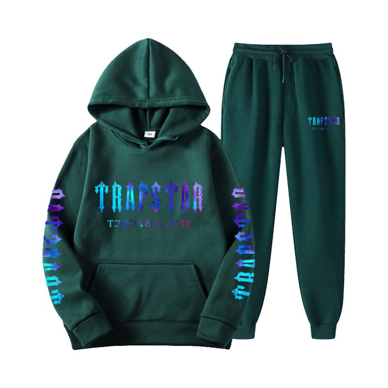 Fashion Dark Green Suit Polyester Printed Hooded Sweatshirt With Leggings And Trousers Set