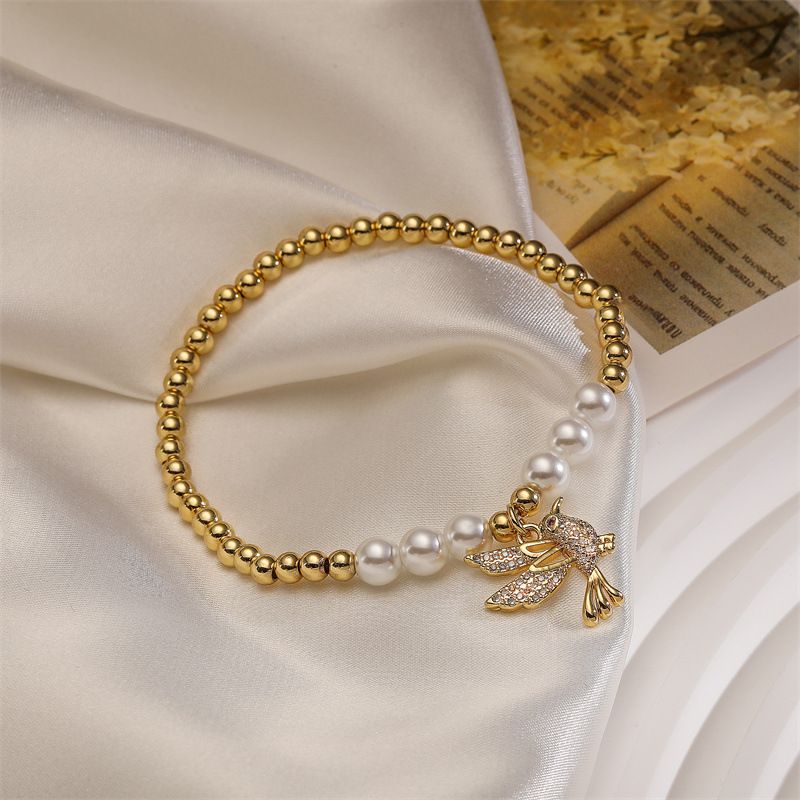 Fashion Birdie Copper Bead Pearl Beaded Bird Bracelet