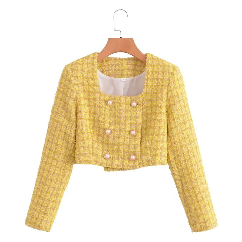 Fashion Yellow Square Collar Slub Double-breasted Coat
