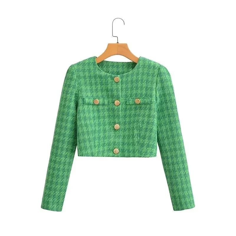 Fashion Green Polyester Houndstooth Buttoned Jacket