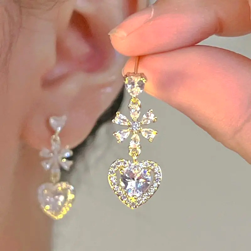 Fashion Gold Copper Diamond Heart Bow Earrings