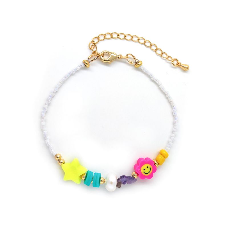 Fashion Gold Geometric Beaded Five-pointed Star Polymer Clay Smiley Face Flower Beaded Bracelet