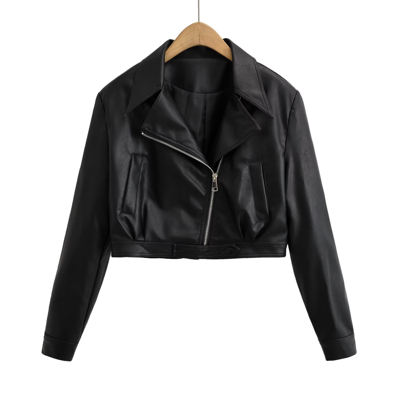 Fashion Black Polyester Zipper Lapel Leather Jacket