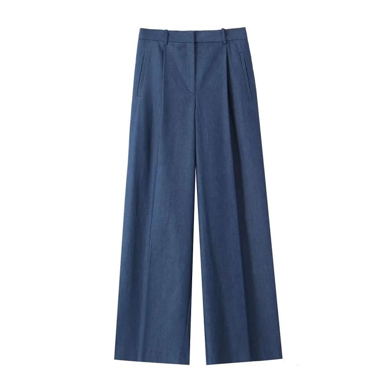 Fashion Blue Pleated Wide-leg Trousers