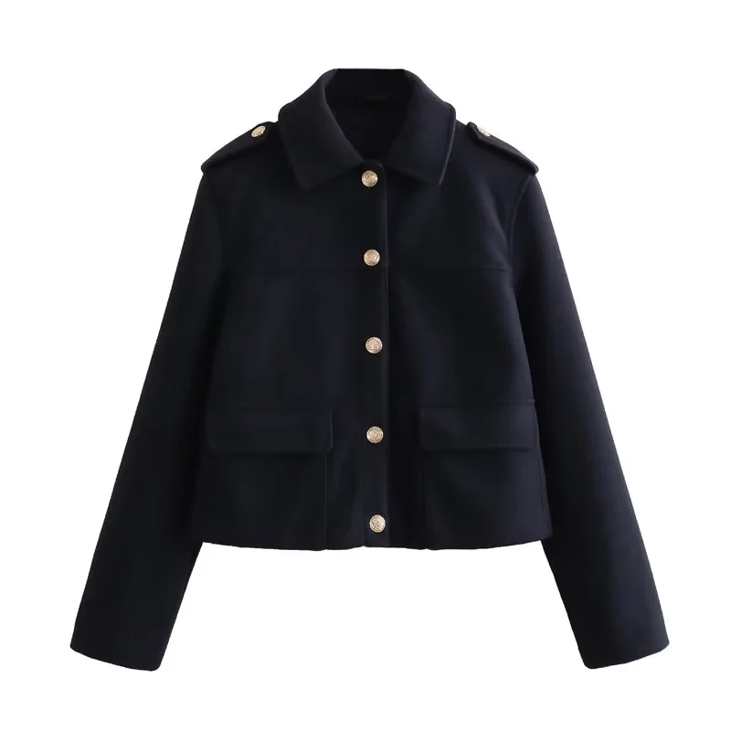 Fashion Black Woven Buttoned Soft Jacket
