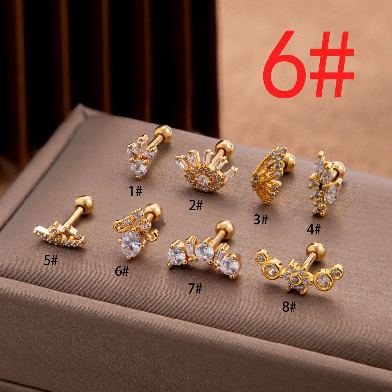 Fashion 6#gold Stainless Steel Zirconium-inlaid Geometric Piercing Nails (single)