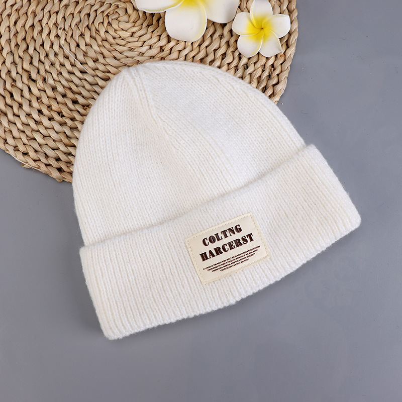 Fashion Milky White Polyester Knitted Patch Beanie