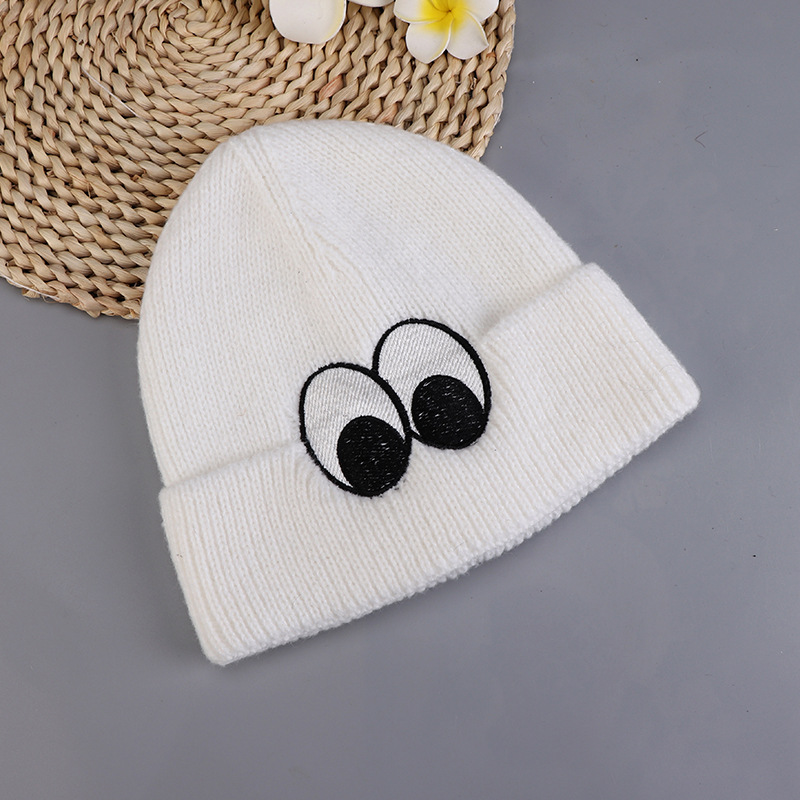 Fashion Milky White Knitted Embroidered Eyes Beanie