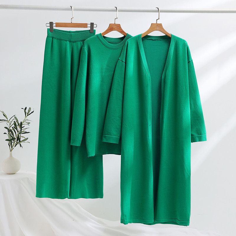 Fashion Green Acrylic Knitted Round Neck Long-sleeved Cardigan Jacket Wide-leg Pants Three-piece Set