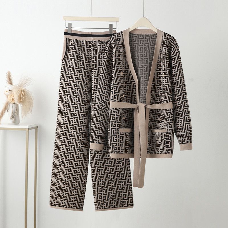 Fashion Khaki Acrylic Printed Knitted Cardigan Wide-leg Trousers Suit