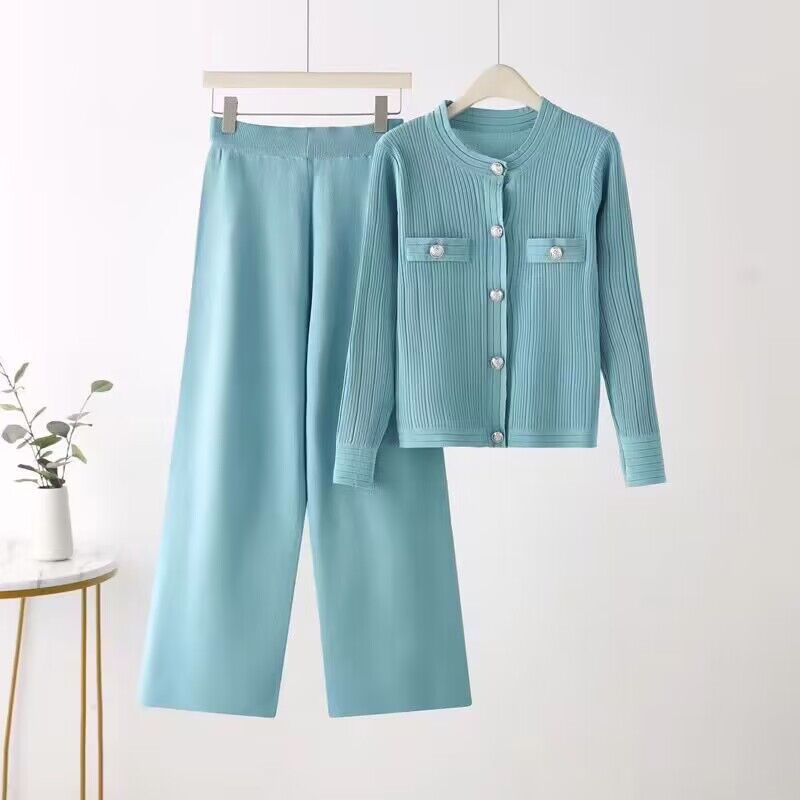 Fashion Light Blue Acrylic Knitted Buttoned Sweater Cardigan Wide-leg Trousers Suit