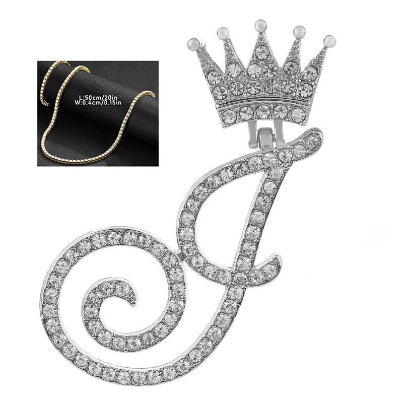 Fashion J Silver 4mm*20inch Gold Tennis Chain + Pendant Alloy Diamond 26 Letter Crown Necklace