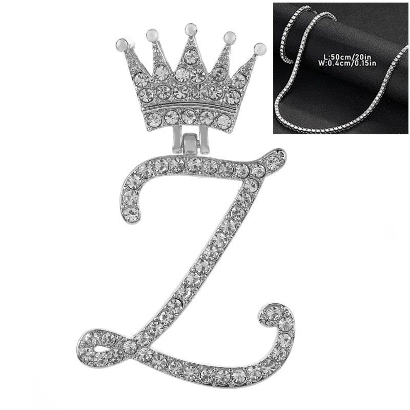 Fashion Z Silver 4mm*20inch Silver Tennis Chain + Pendant Alloy Diamond 26 Letter Crown Necklace