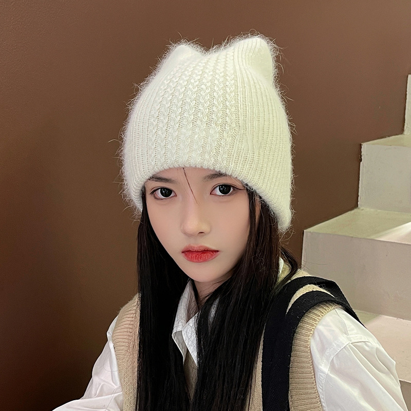 Fashion Milky White Knitted Cat Ears Beanie