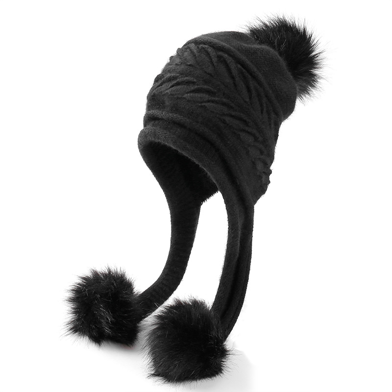 Fashion Black Rabbit Fur Knitted Wool Pleated Pullover Hat