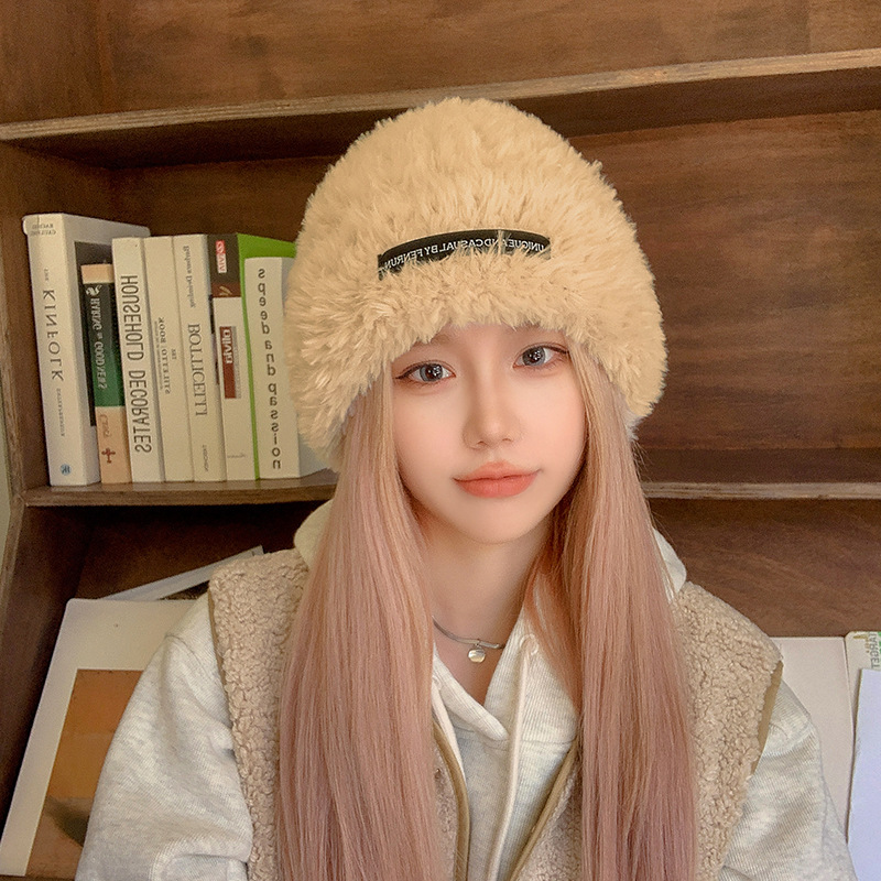 Fashion Beige Polyester Letter Patch Plush Pullover Hat