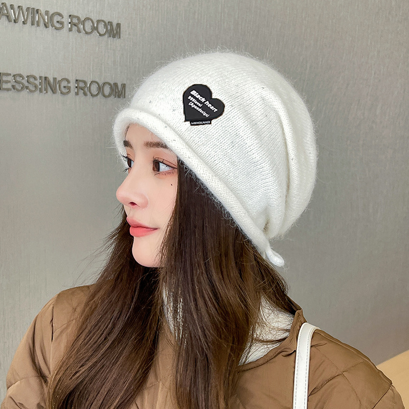Fashion White Rabbit Fur Knitted Love Patch Pullover Hat