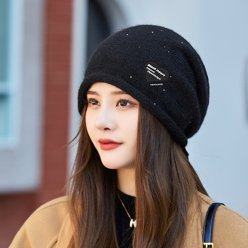 Fashion Black Rabbit Fur Knitted Love Patch Pullover Hat