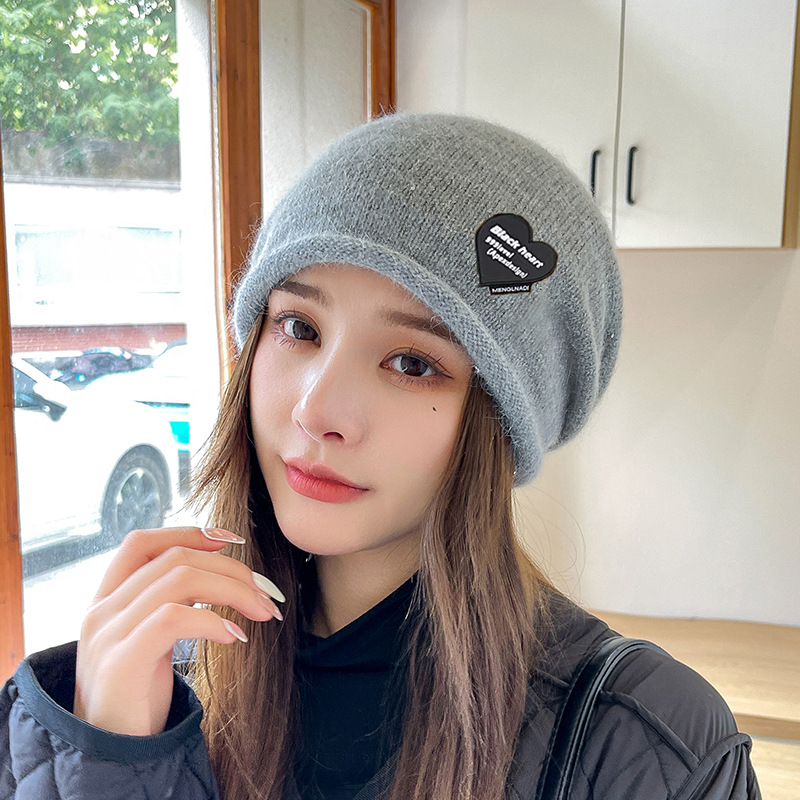 Fashion Grey Rabbit Fur Knitted Love Patch Pullover Hat